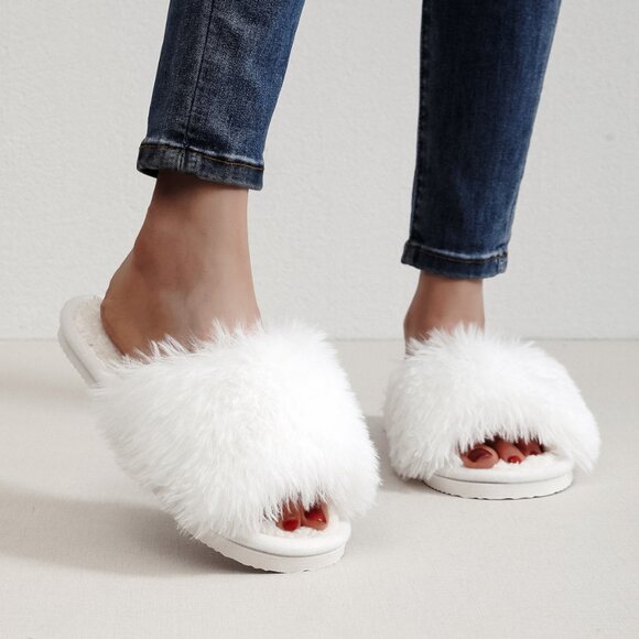 2/$30 Fluffy Plush Open Toe White Winter Slippers Slip On Flat Non Slip Women - Picture 6 of 6